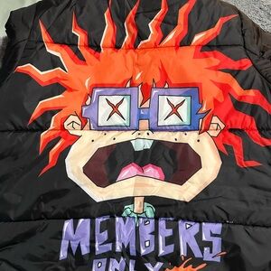 Kids Black Puffer Jacket with Red Cartoon Graphic